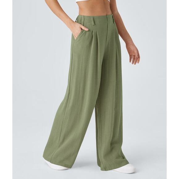 Halara Wide Leg Flowy Solid Palazzo Casual Linen Feel Pants Catkin Green XL - Picture 6 of 9